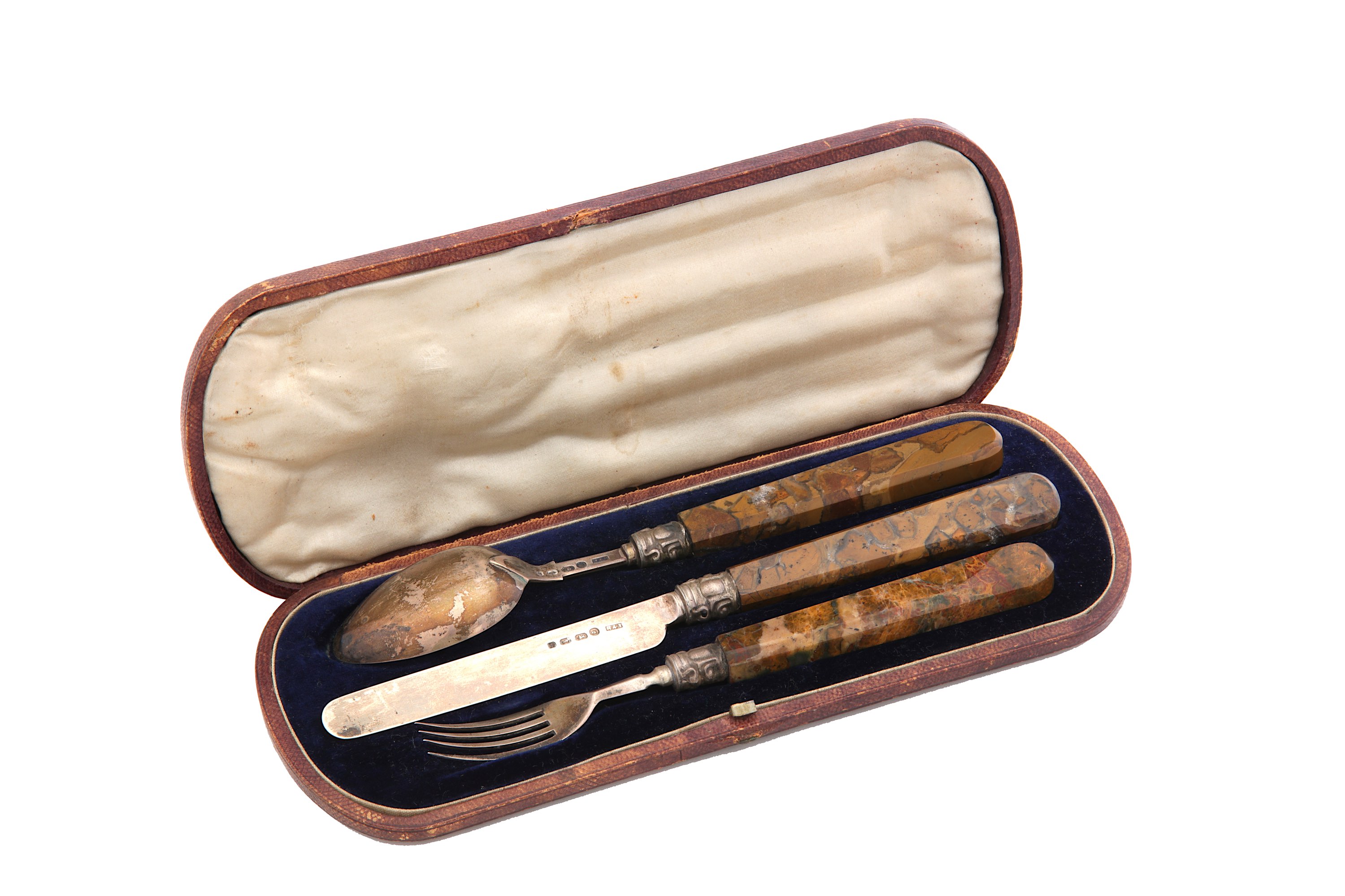 An unusual Victorian travelling spoon, fork and knife set, jasper handled, Birmingham 1861 by Hillia - Image 2 of 3