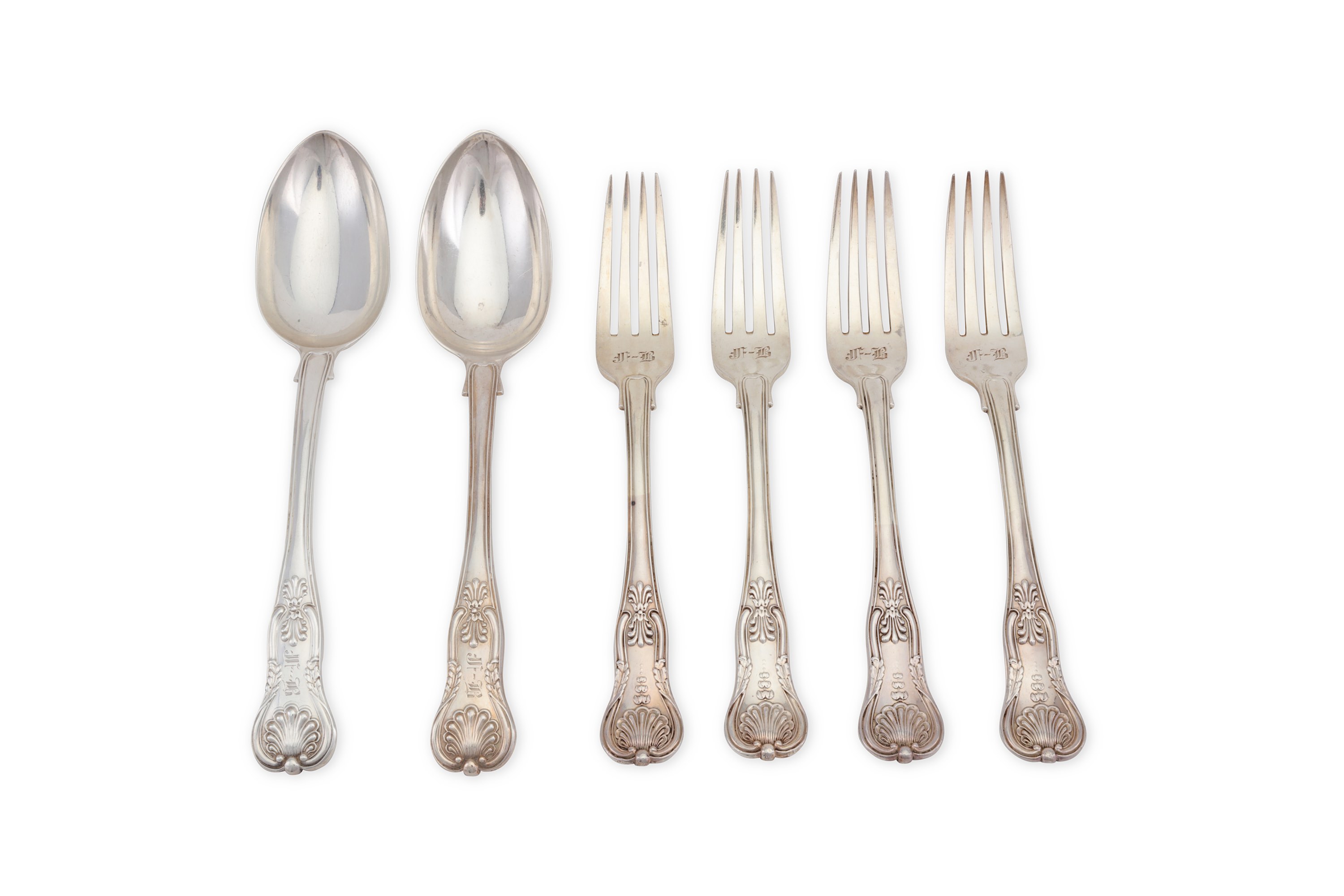 A George IV / Victorian antique sterling silver group of flatware in King’s Honeysuckle pattern