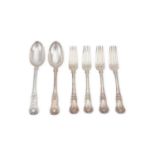 A George IV / Victorian antique sterling silver group of flatware in King’s Honeysuckle pattern