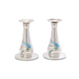 A pair of Edwardian Art Nouveau antique sterling silver and enamel candlesticks, London 1904 by Will