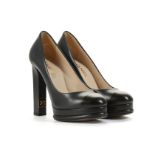 Chanel Blue and Black Classic Pumps, navy blue leather with black heel and toe, gilt CC plate to