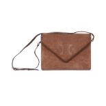 Celine Brown Suede Envelope Shoulder Bag, 1980s, light brown suede with impressed logo design and