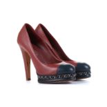 Chanel 2-Tone Red and Navy Chain Platform Pumps, silver chain detail to platform, size 38 (UK 5)