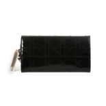 Christian Dior Lady Dior Black Patent Continental Wallet, Cannage leather with silver tone charm,