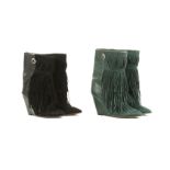 Two Pairs of Isabel Marant 'Jacob' Fringed Boots, one pair in black, size 37 (UK 4) the other green,