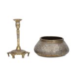 A MAMLUK-REVIVAL BRASS BOWL AND CANDLESTICK Egypt,