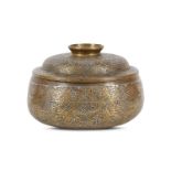 A VENETO-SARACENIC SILVER-INLAID BRASS LIDDED BOWL