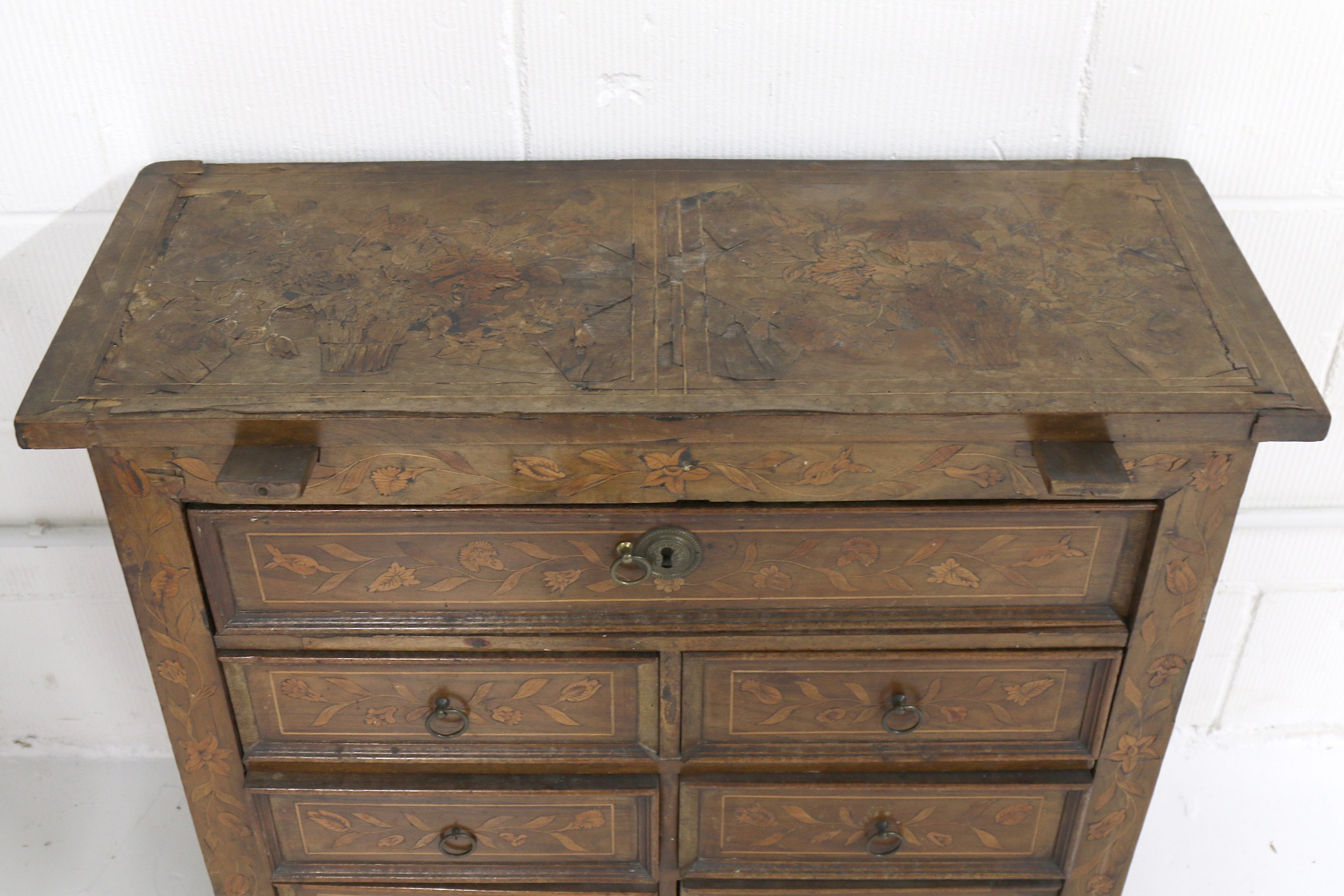 A small 18th Century Dutch walnut and floral marquetry inlaid chest, formerly a Bachelors chest, the - Image 3 of 3