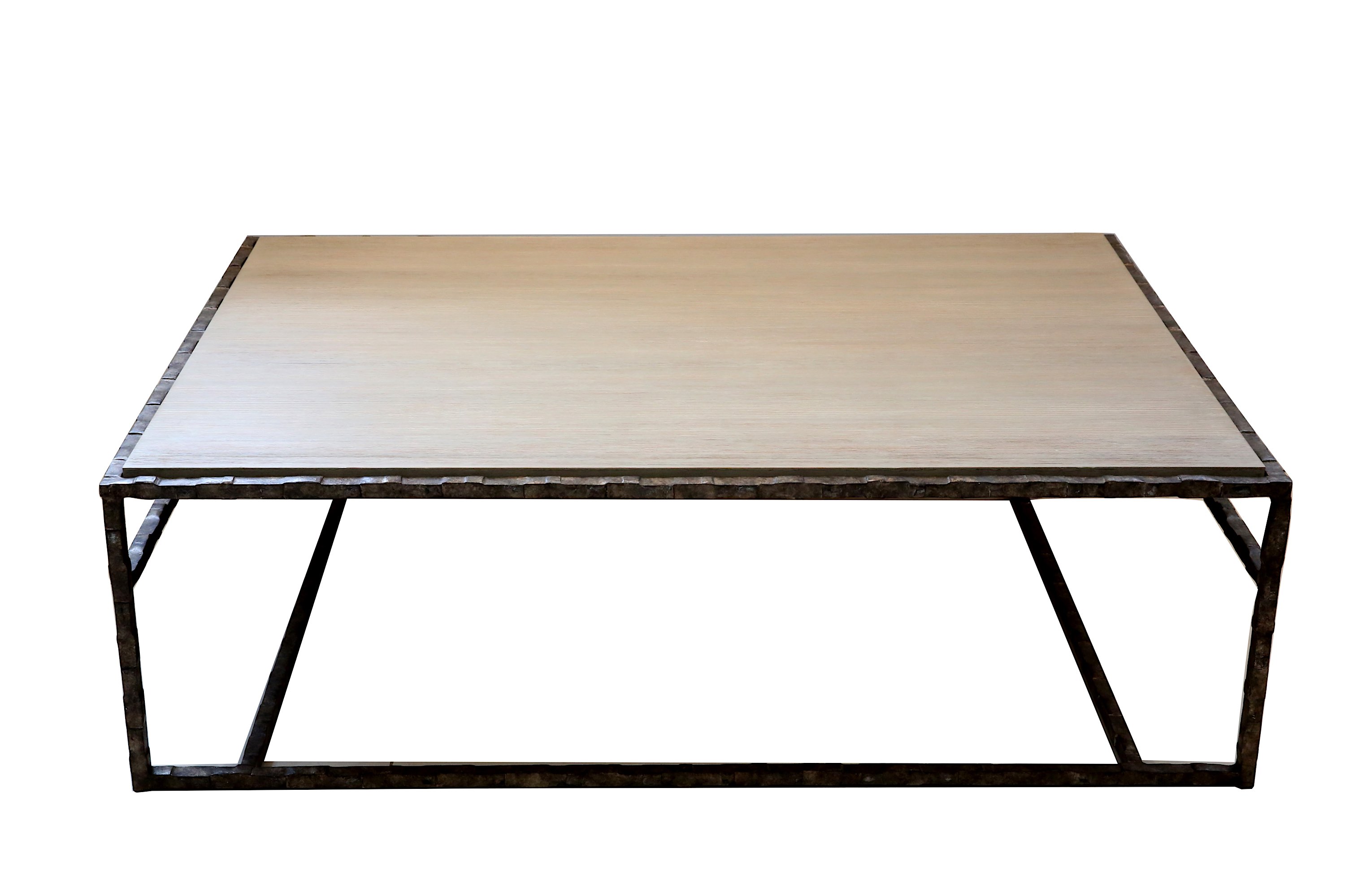 A contemporary rectangular coffee table, with faux bleached wood top on a cast metal frame, 130cm