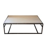 A contemporary rectangular coffee table, with faux bleached wood top on a cast metal frame, 130cm