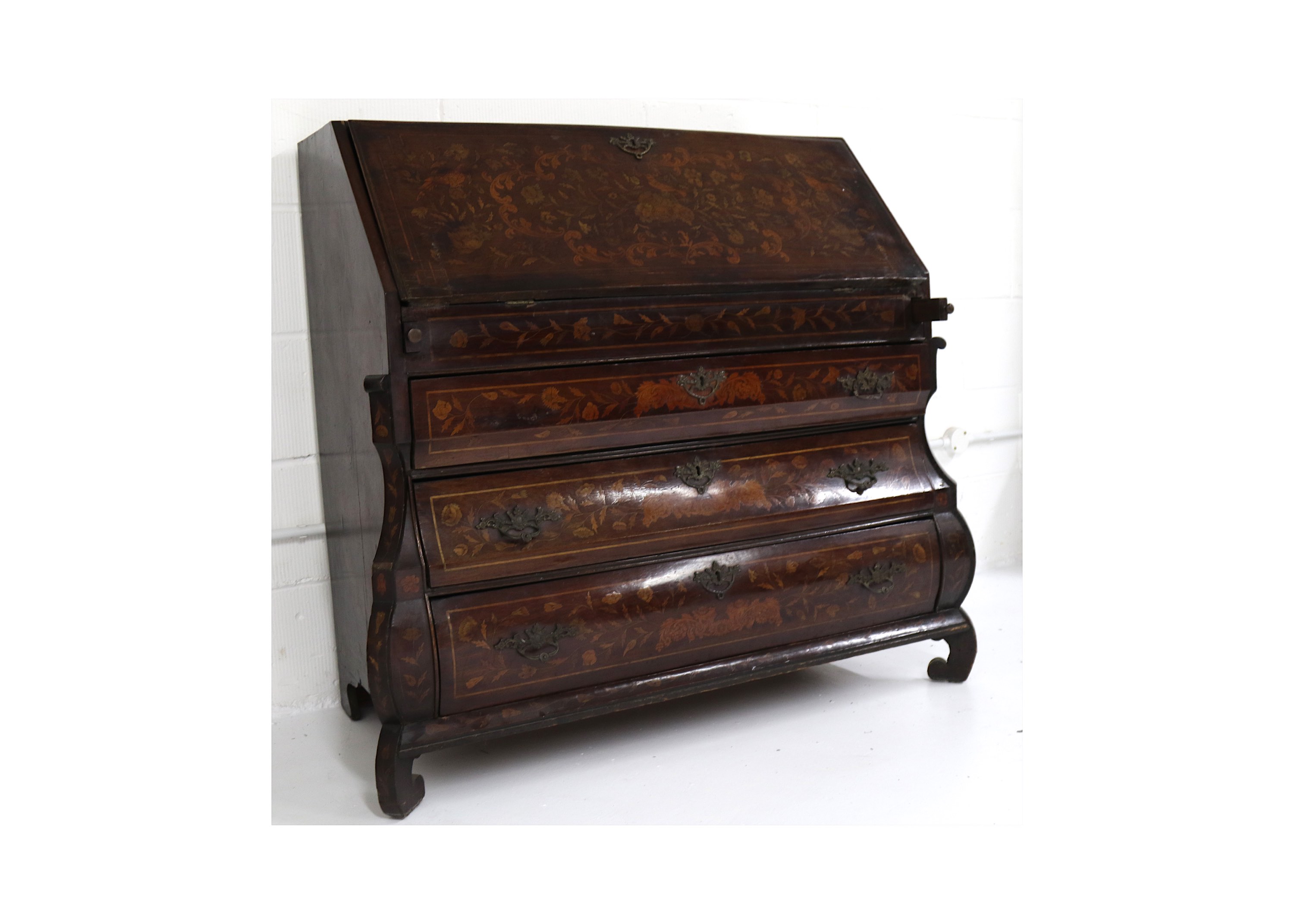 An early 19th Century Dutch walnut and floral marquetry inlaid bombe bureau, the stepped interior - Image 3 of 3