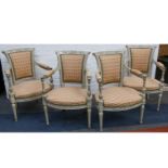 A set of four French pale green painted open armchairs, recently reupholstered in patterned