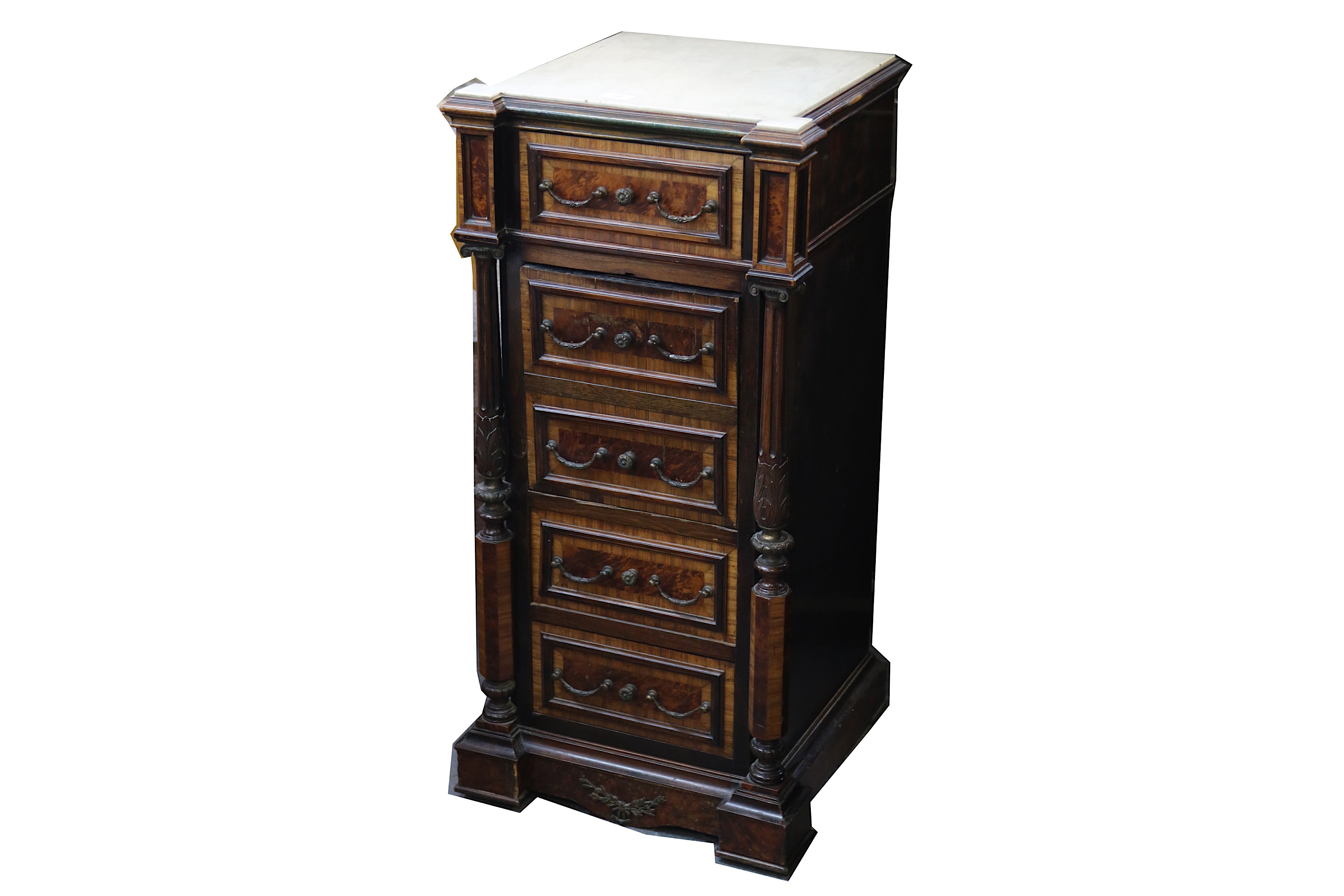 A 19th Century French inlaid kingwood pedestal cabinet, with a marble top over three graduated