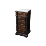 A 19th Century French inlaid kingwood pedestal cabinet, with a marble top over three graduated