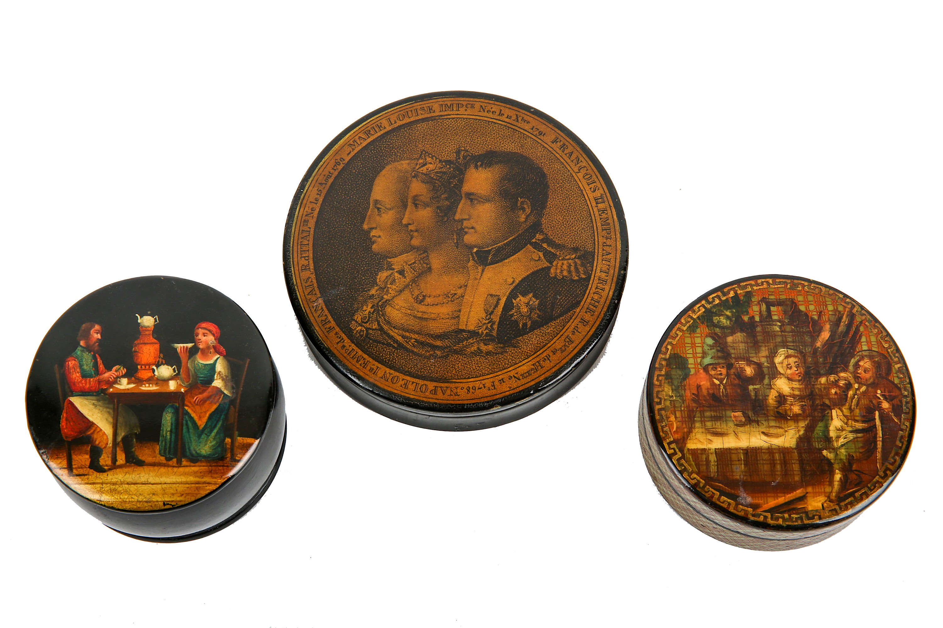 A Russian papier mache lacquer box, of circular outline by Vishniakov, decorated with peasants