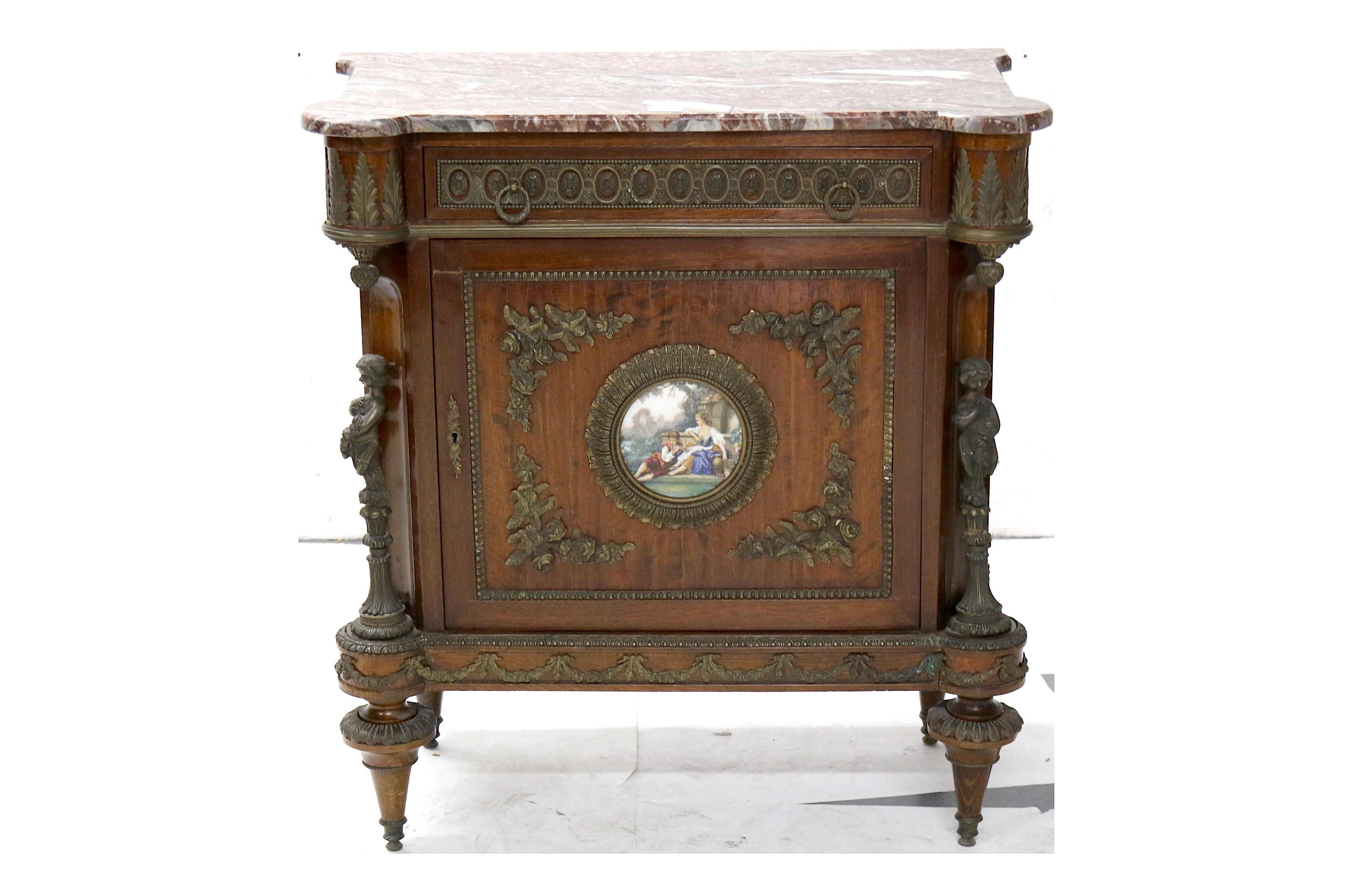 A late 19th to early 20th Century Russian mahogany veneered side cabinet, the marble top over a - Image 2 of 4
