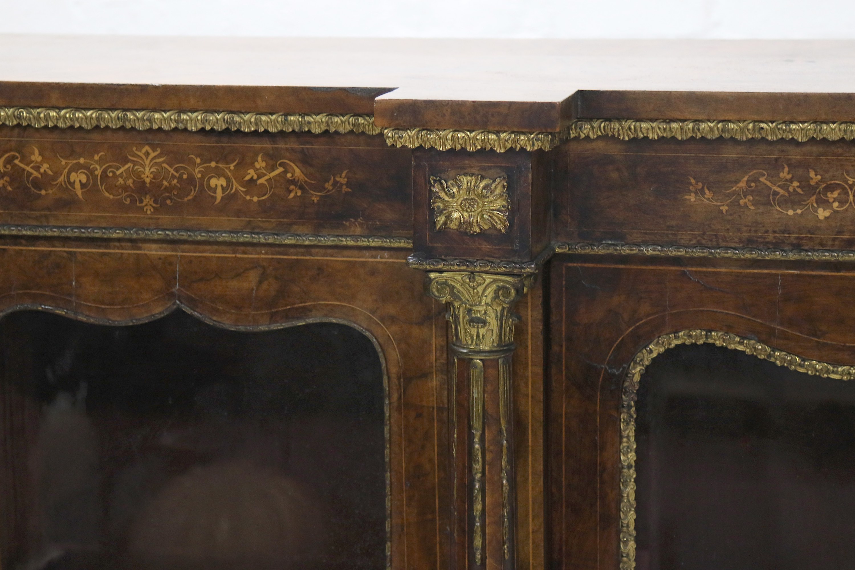 A fine Victorian marquetry inlaid burr walnut credenza, circa 1870, with three glazed doors - Image 2 of 4