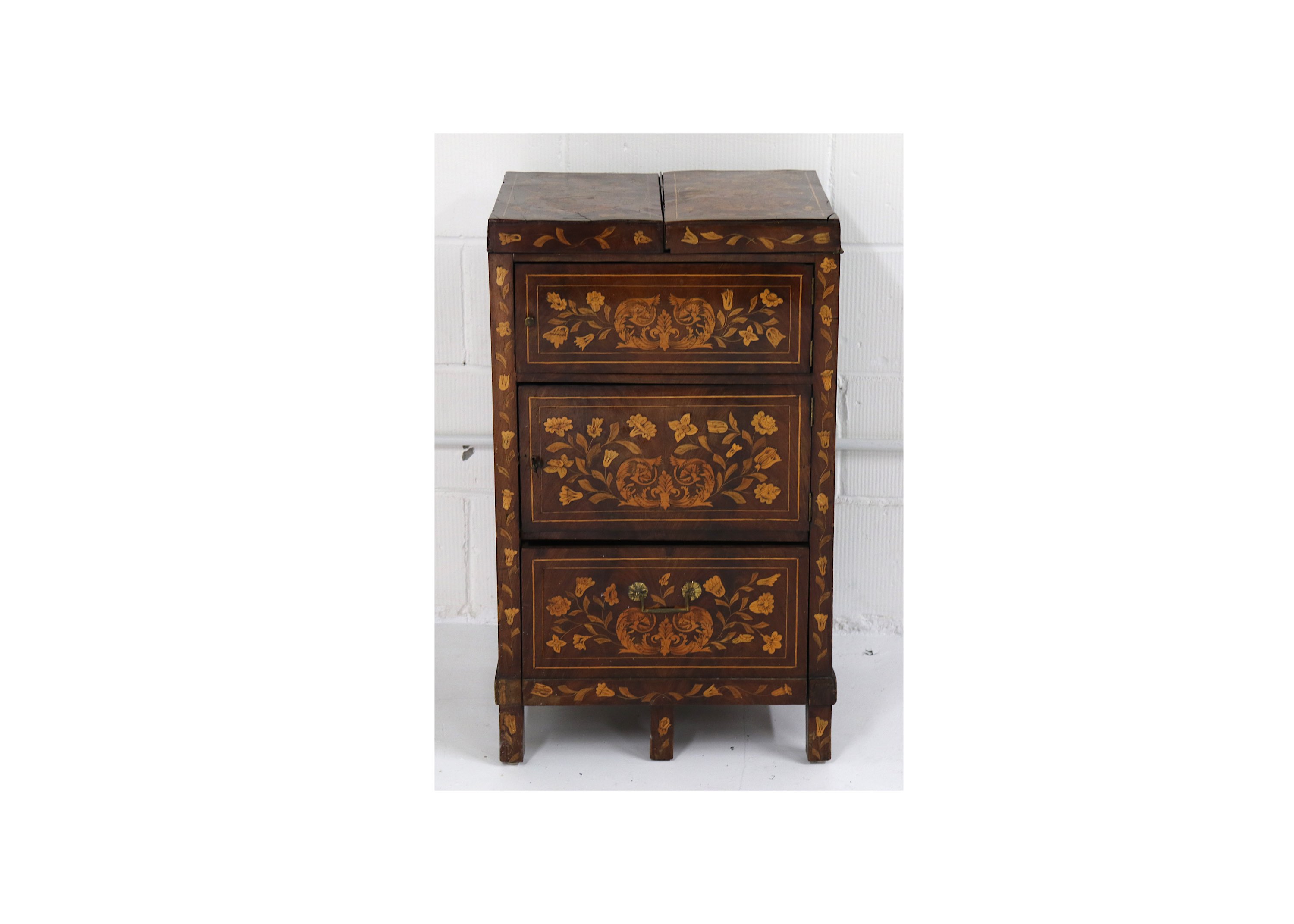 An early 19th Century Dutch walnut and floral marquetry inlaid enclosed washstand, the twin flap top - Image 2 of 3