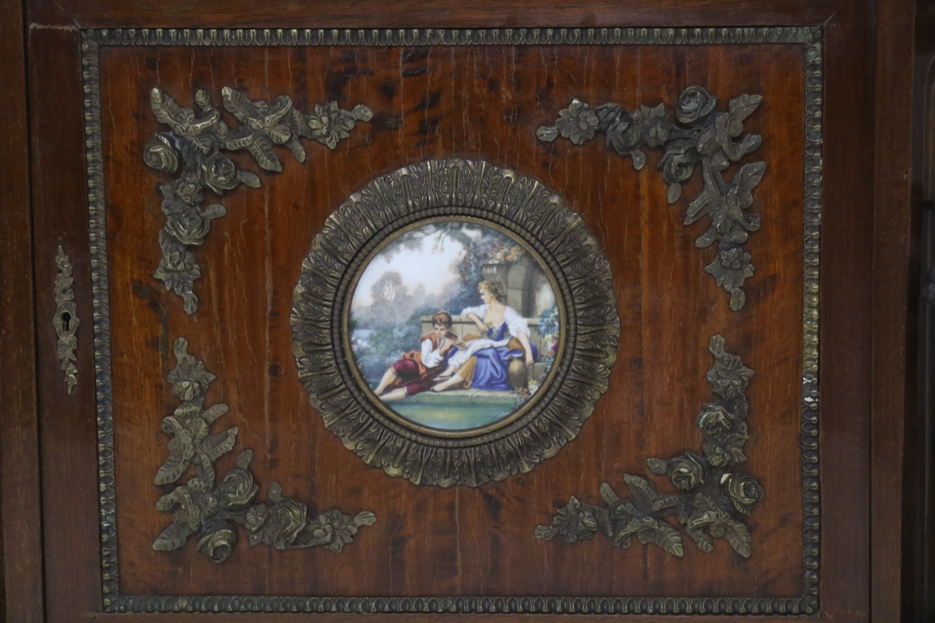 A late 19th to early 20th Century Russian mahogany veneered side cabinet, the marble top over a - Image 3 of 4