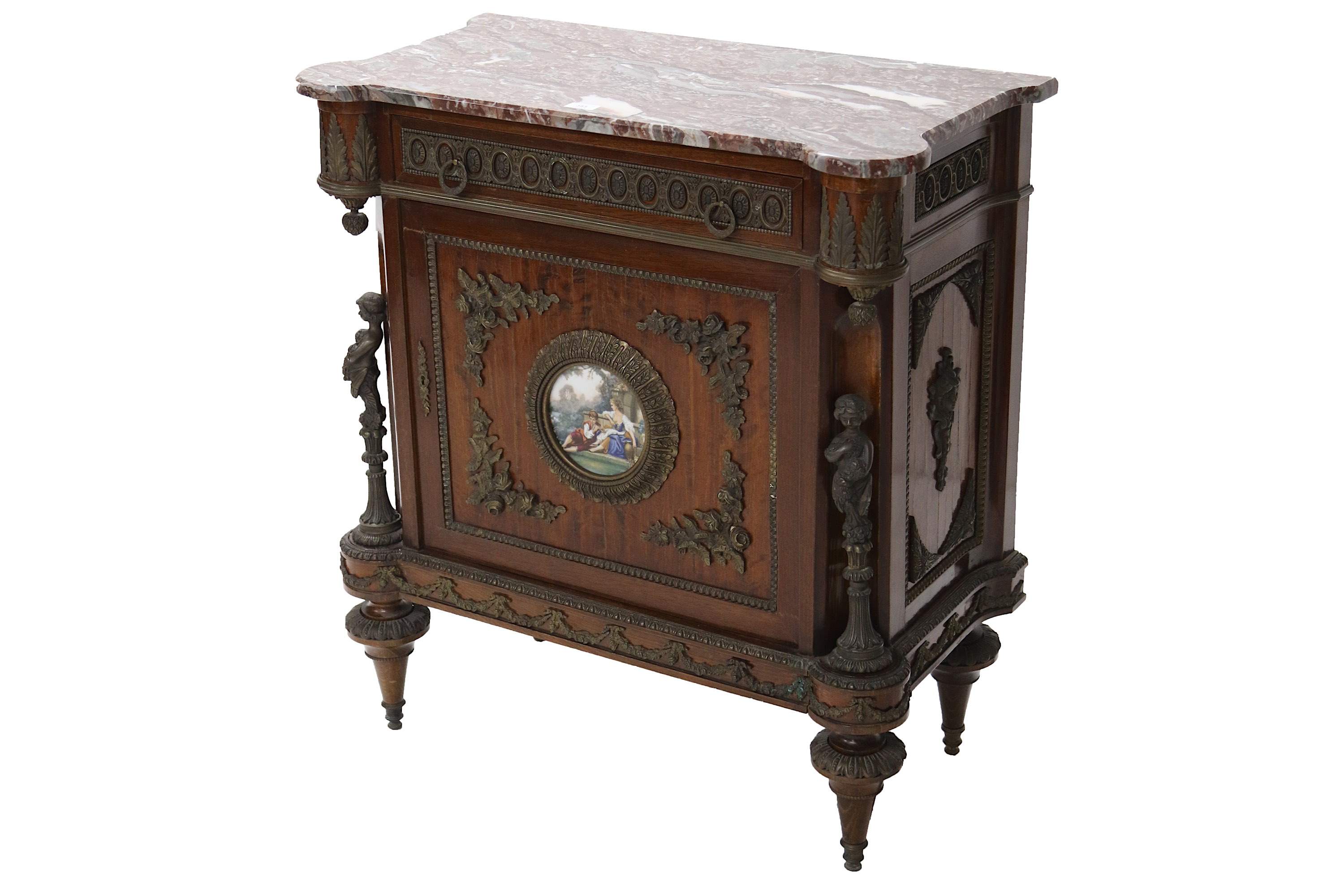 A late 19th to early 20th Century Russian mahogany veneered side cabinet, the marble top over a