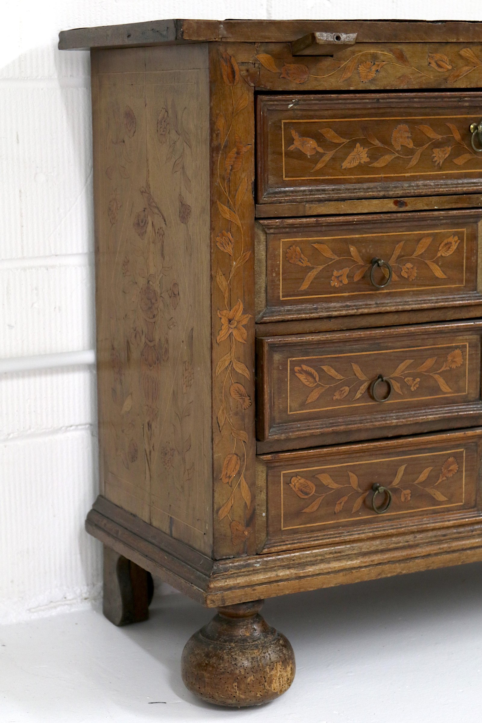 A small 18th Century Dutch walnut and floral marquetry inlaid chest, formerly a Bachelors chest, the - Image 2 of 3