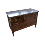 A French Napoleon III period mahogany commode, with a variegated grey marble top over three drawers,