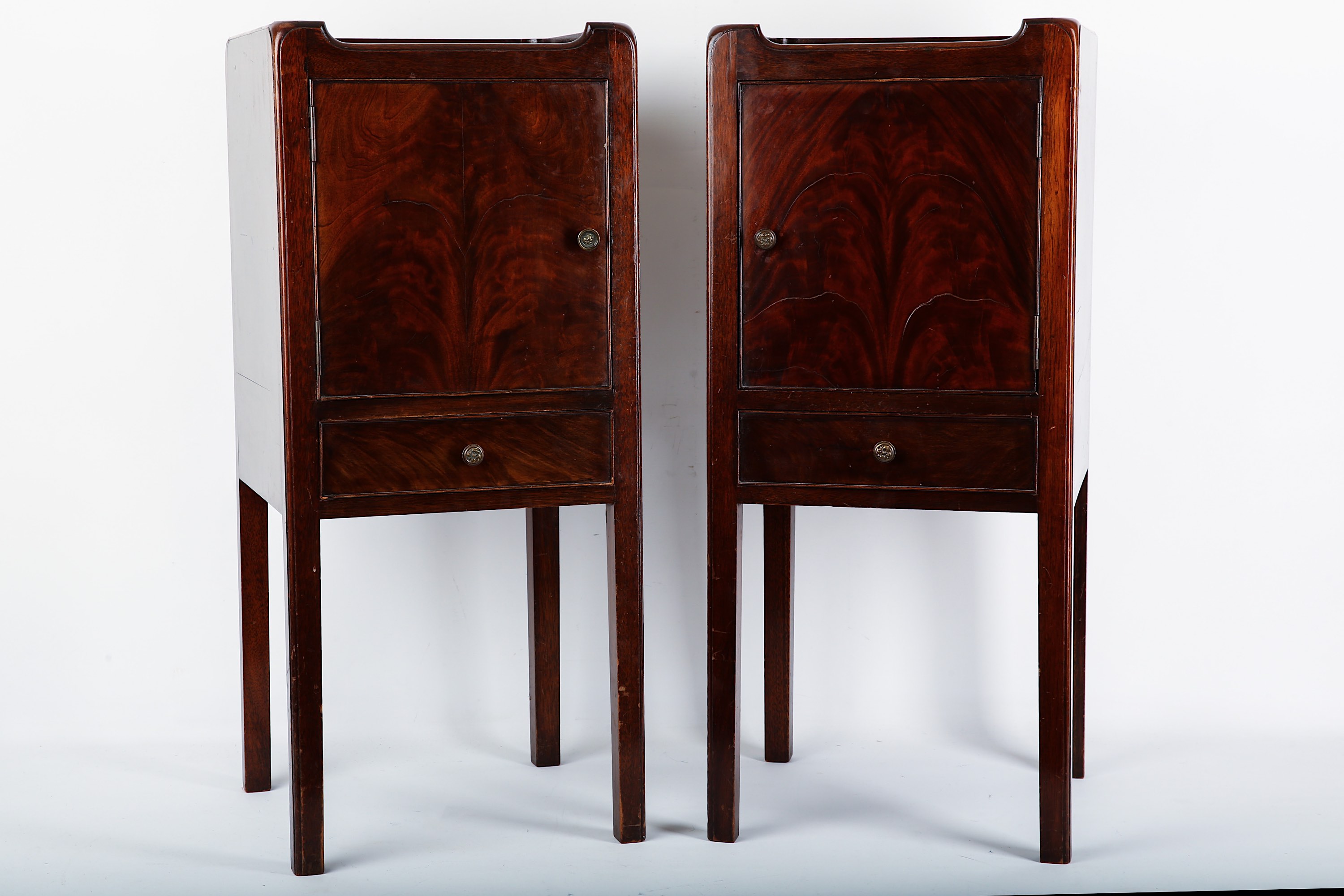 A pair of reproduction George III design mahogany tray top bedside cabinets, 82cm high x 35cm