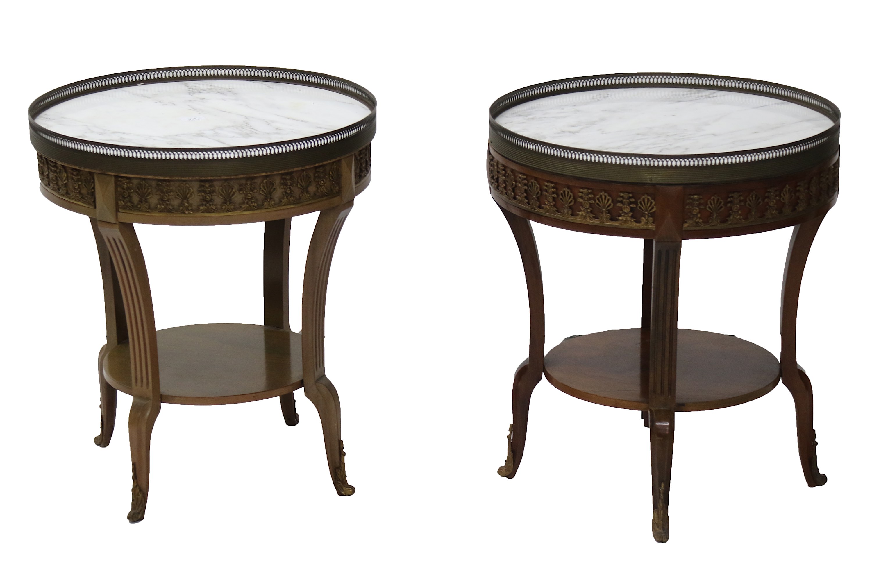 A pair of French Louis XV style tables, early 20th Century, the pierced galleried circular marble