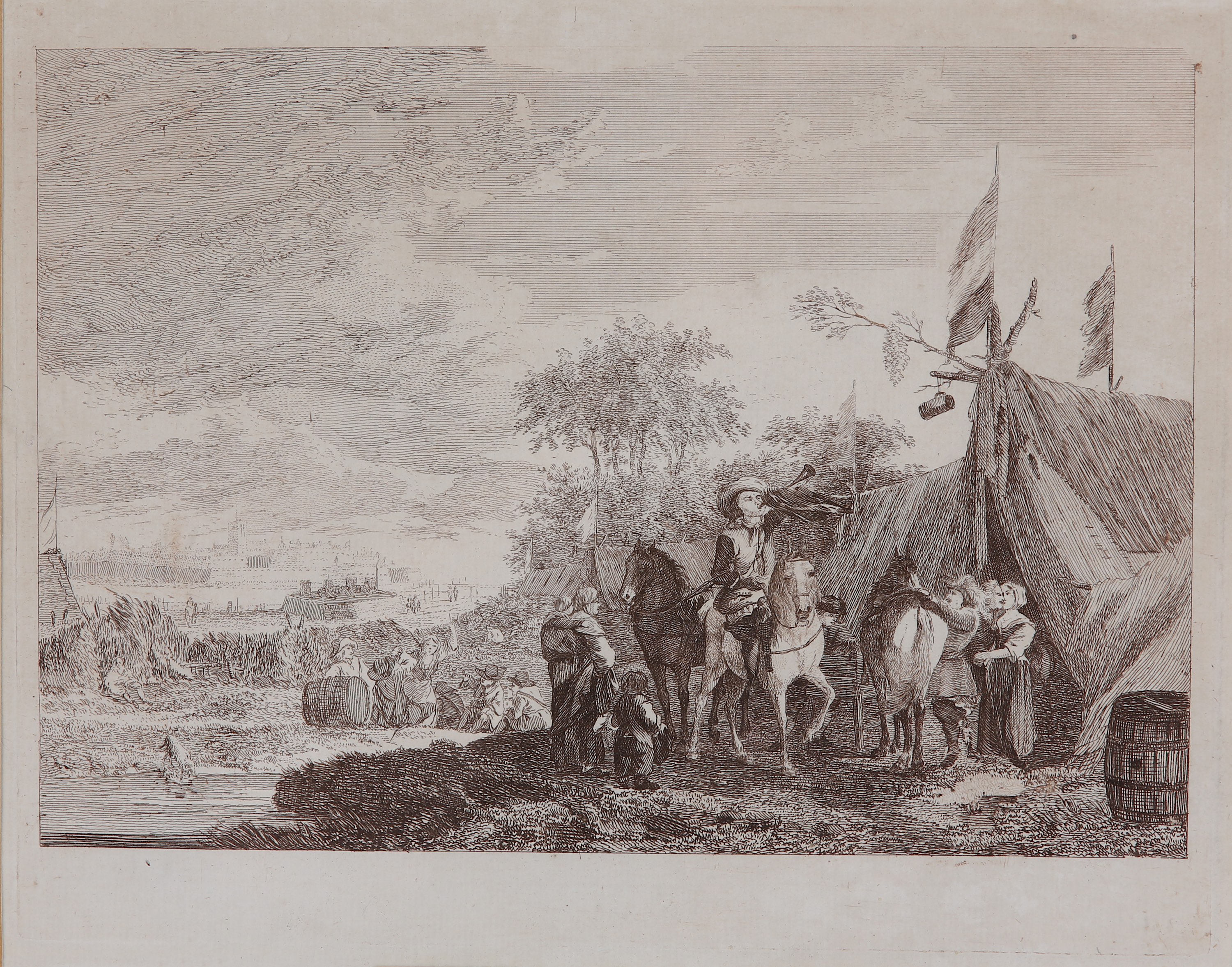 Sandby (Paul) [Landscape with man playing trumpet], (foreground) people looking at man on