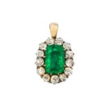 An emerald and diamond pendant The rectangular cus