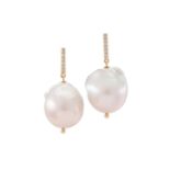 A pair of cultured pearl and diamond earrings