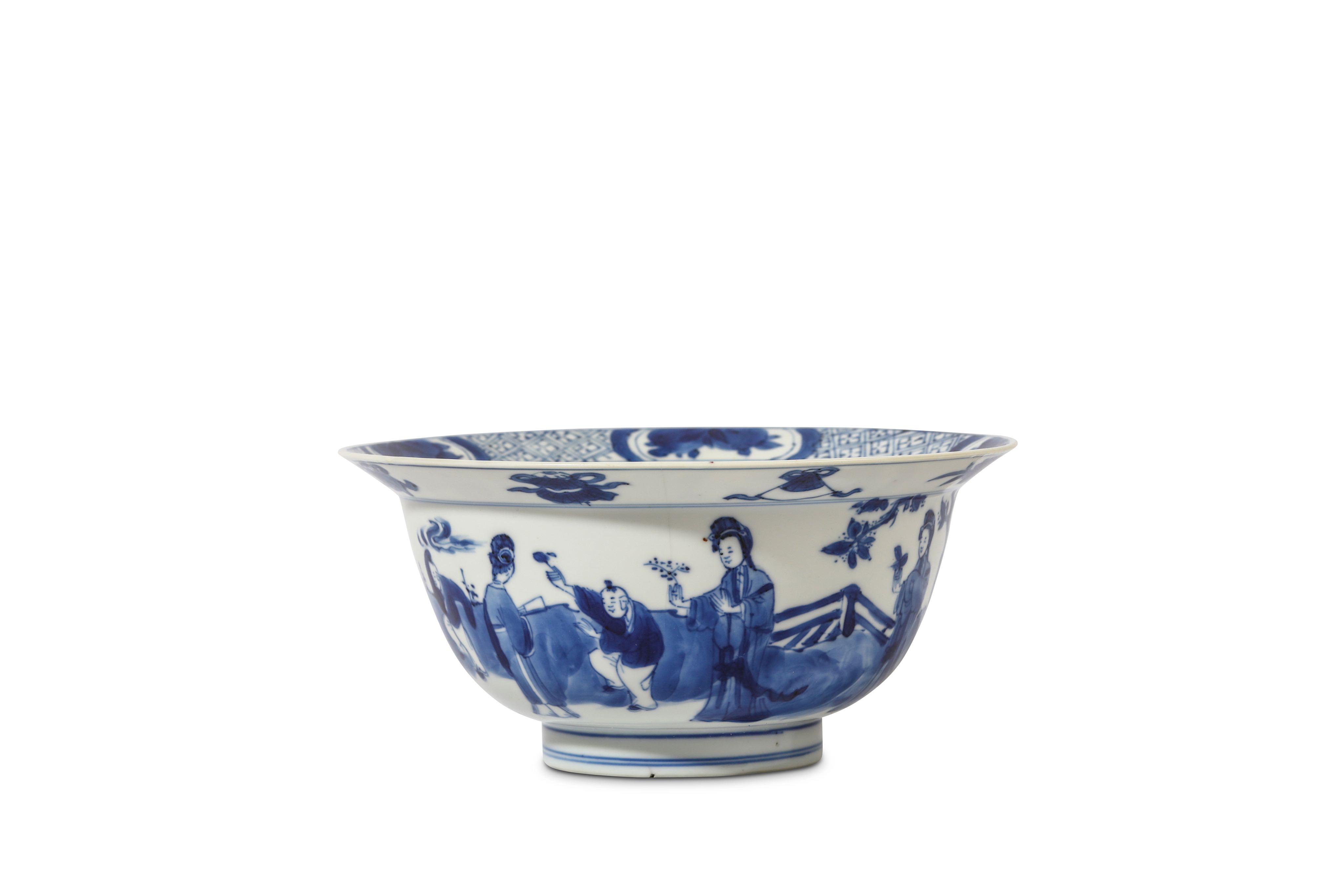 A SMALL CHINESE BLUE AND WHITE 'LADIES AND BOYS' KLAPMUTS BOWL. Kangxi mark and of the period.