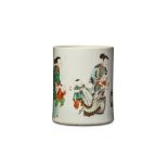 A CHINESE FAMILLE VERTE 'LADY AND CHILD' BRUSH POT, BITONG. Kangxi. Finely painted with a lady