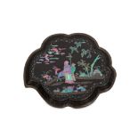A CHINESE MOTHER-OF-PEARL INLAID BLACK LACQUER TRAY. Kangxi. Shaped in the form of a leaf, the