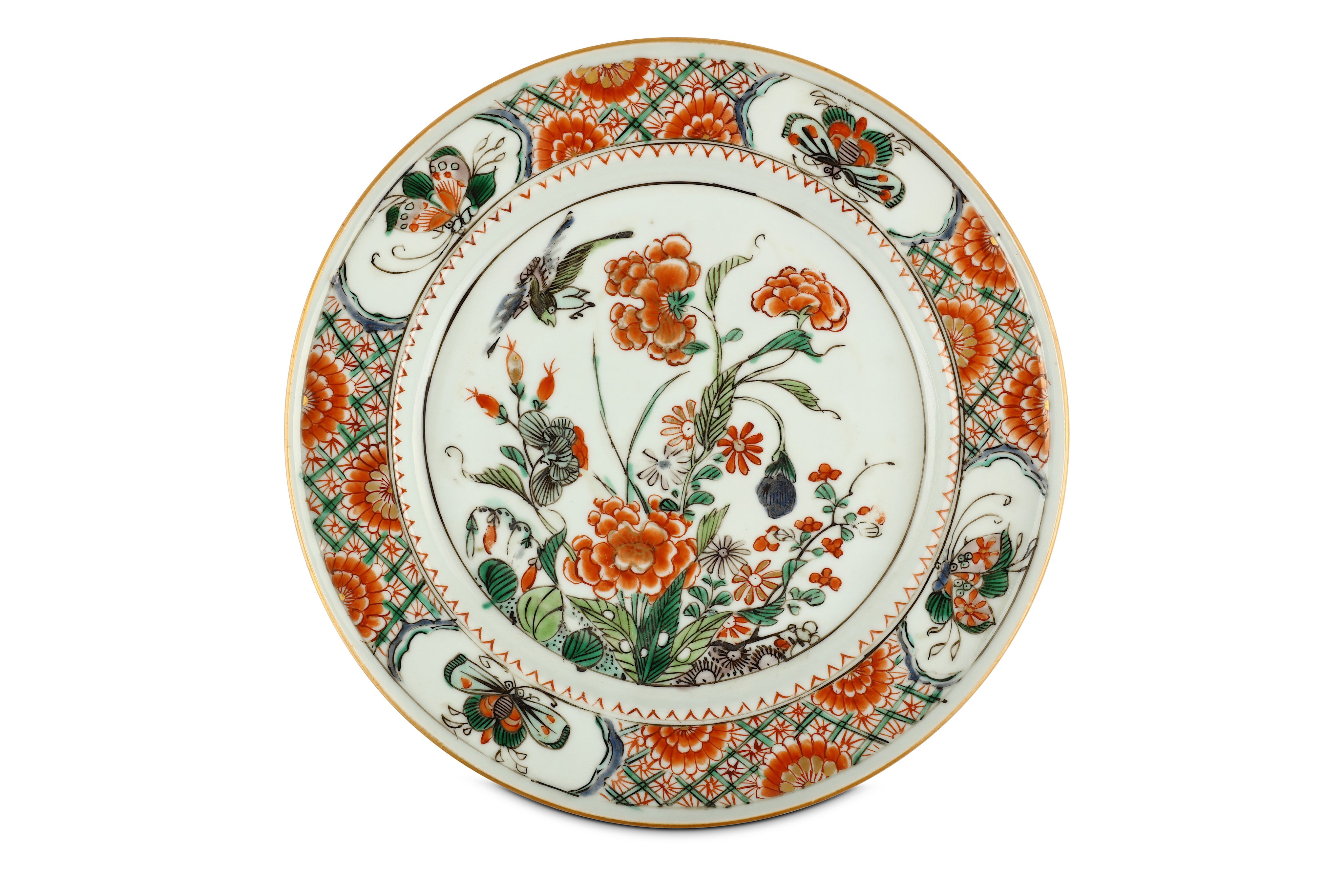 A PAIR OF CHINESE FAMILLE VERTE ‘BIRD AND FLOWER’ DISHES. Kangxi. The central roundel finely - Image 4 of 5