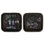 TWO CHINESE MOTHER-OF-PEARL INLAID BLACK LACQUER TRAYS. Kangxi. Of square form with cut corners