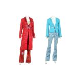 Voyage Blue and Red Ensembles, late 1990s, to include a red dress coat with leather butterfly to