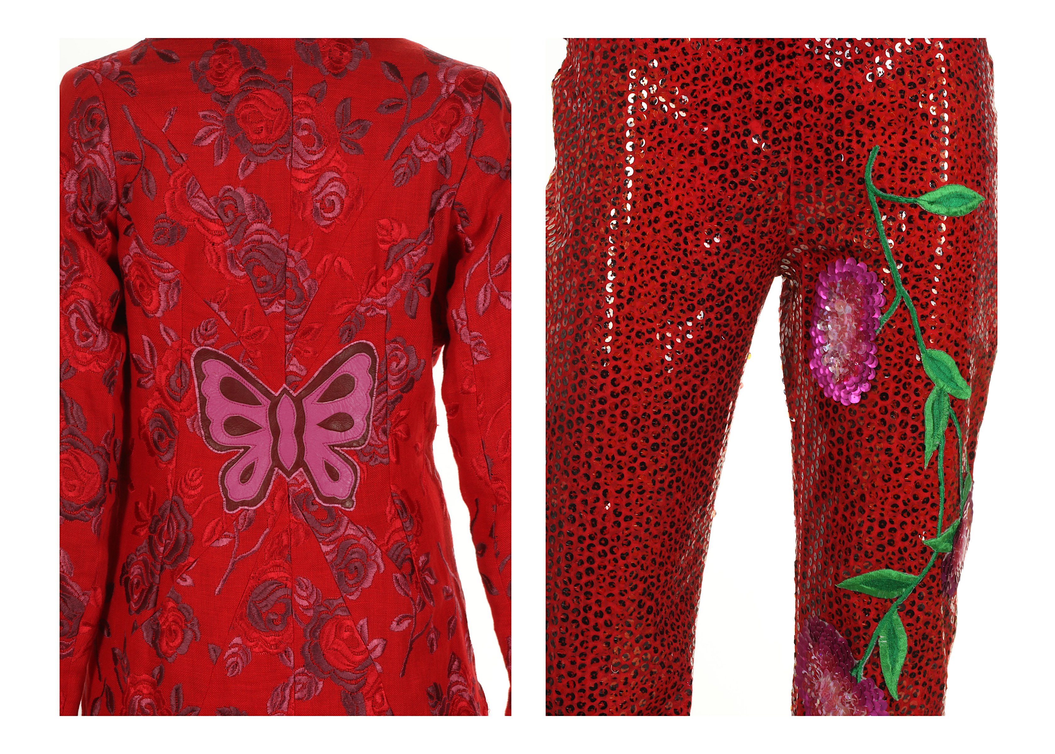 Voyage Blue and Red Ensembles, late 1990s, to include a red dress coat with leather butterfly to - Image 5 of 7