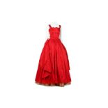 Valentino Runway Red Gown, 1990s, the dress in red slubbed silk with fitted top and full skirt,