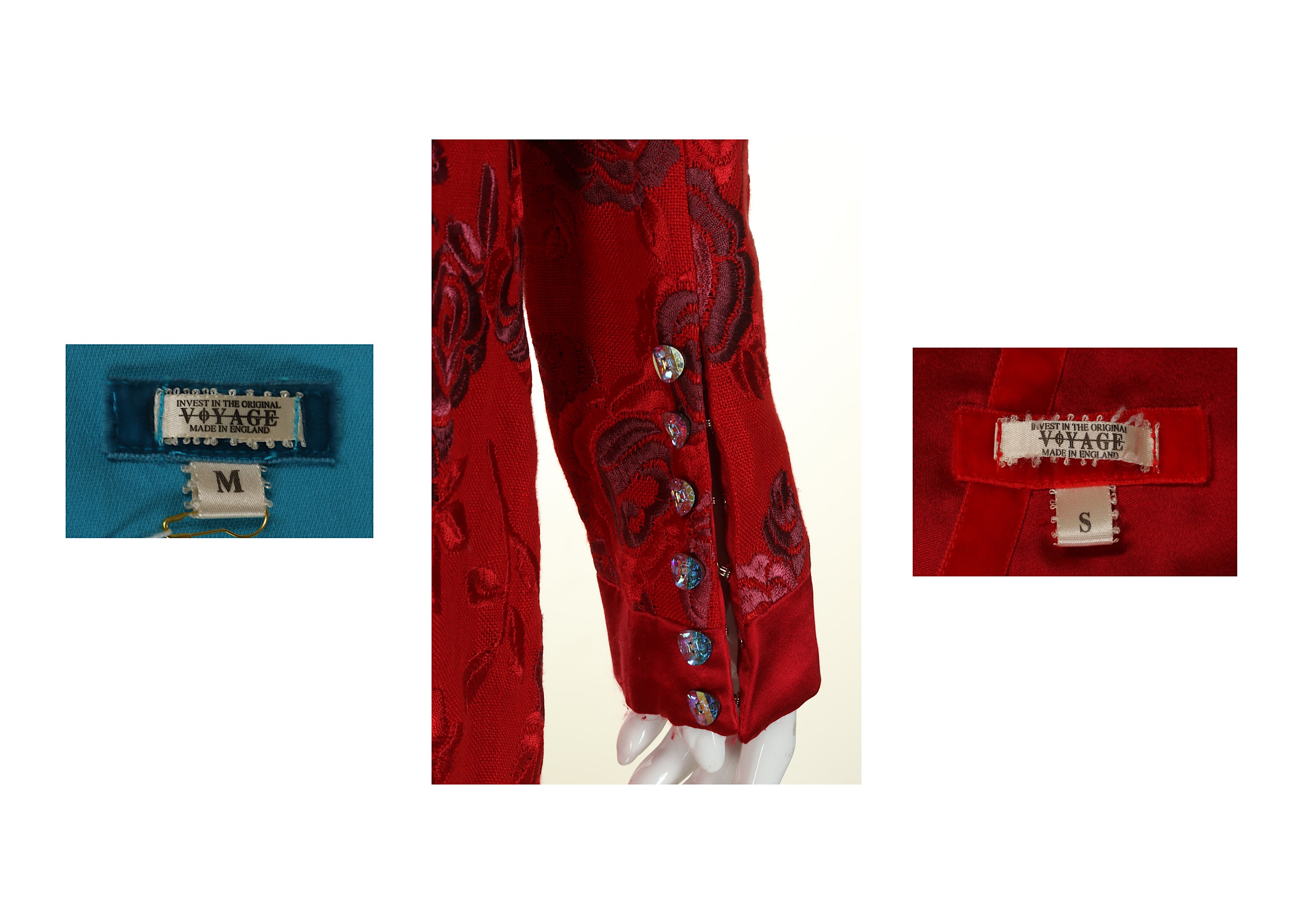 Voyage Blue and Red Ensembles, late 1990s, to include a red dress coat with leather butterfly to - Image 6 of 7