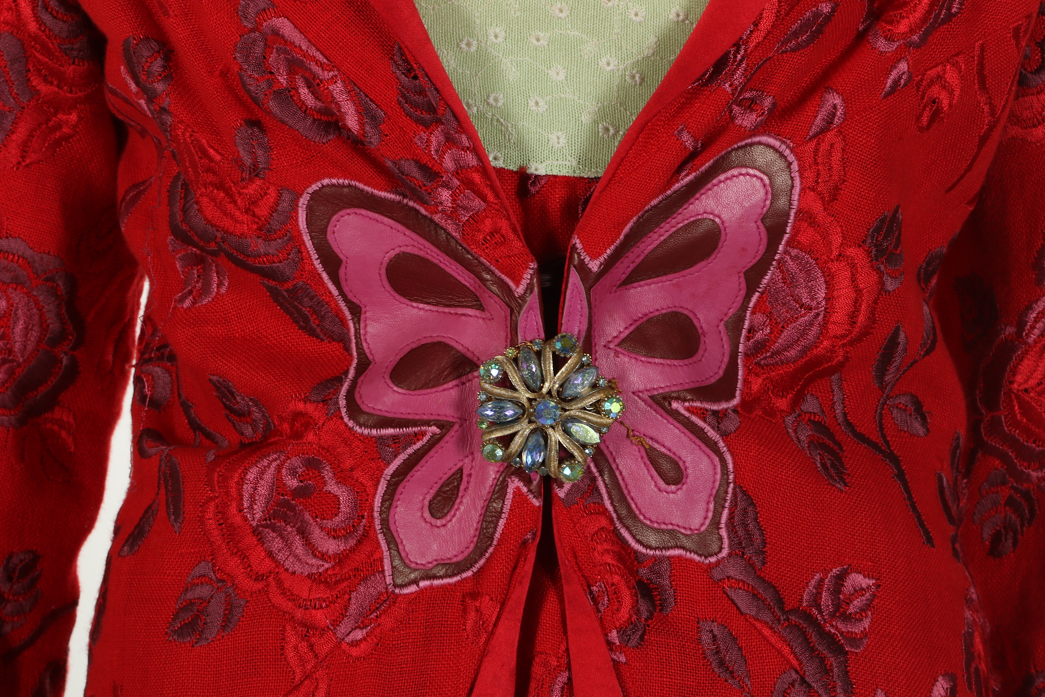 Voyage Blue and Red Ensembles, late 1990s, to include a red dress coat with leather butterfly to - Image 3 of 7