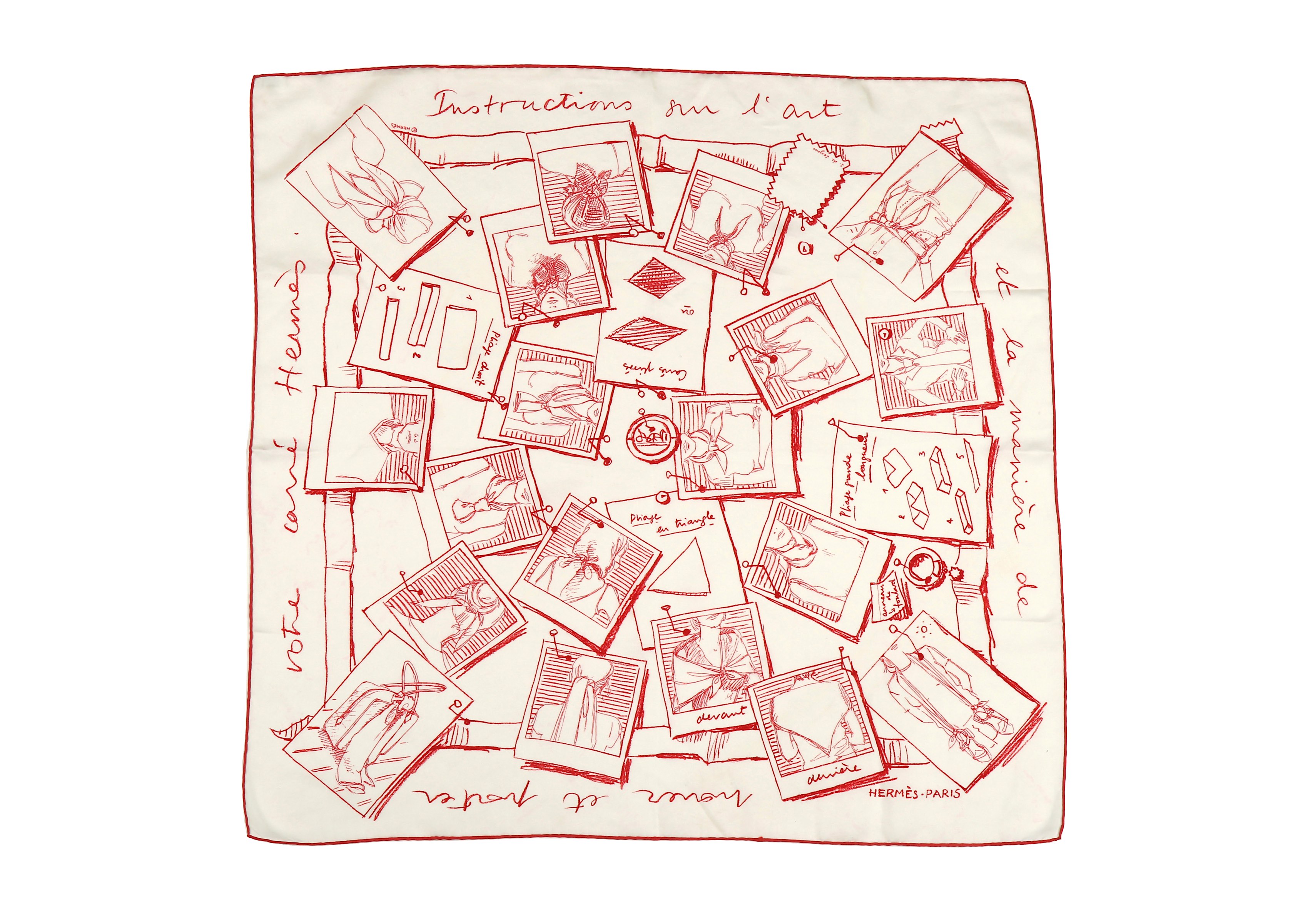 Hermes 'Instructions sur l'Art' Silk Scarf, designed in 2011 by Sophie de Seynes, white ground