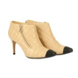Chanel Two Tone Quilted Boots, black and beige leather heeled ankle boots with gold tone hardware,
