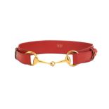 Gucci Red Horse Bit Belt, red leather belt with gold tone hardware, labelled size 65, 64cm long,