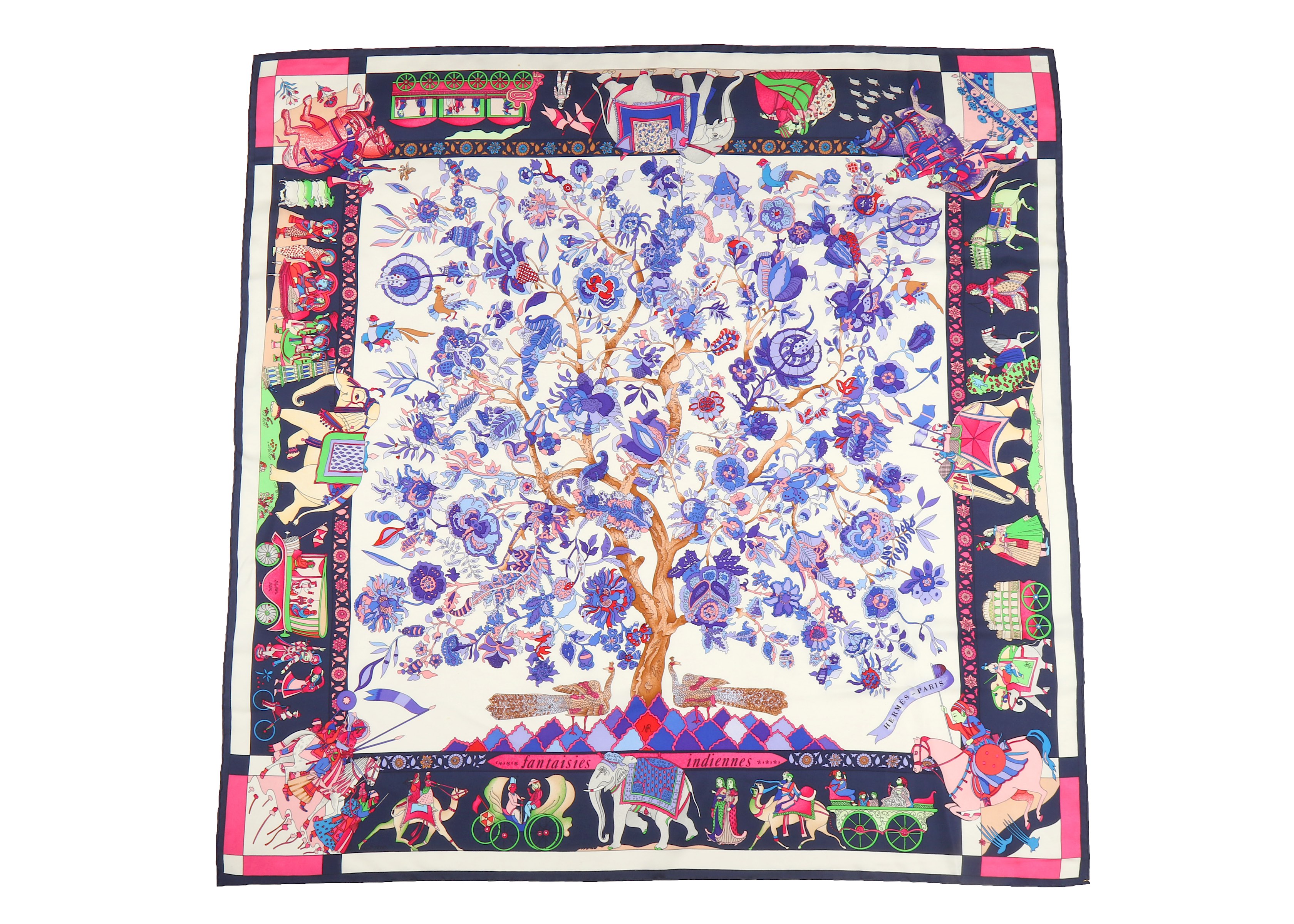 Hermes 'Fantaisies Indiennes' Silk Scarf, designed in 1987 by Loic Dubigeon, indigo border on