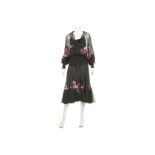 Christian Dior Silk and Velvet Ensemble, black sheer silk with pink and green applique flower motif,
