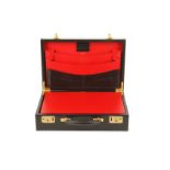 Asprey Black Leather Writing Case, red Saffiano leather lining and gold tone hardware, 36cm wide,