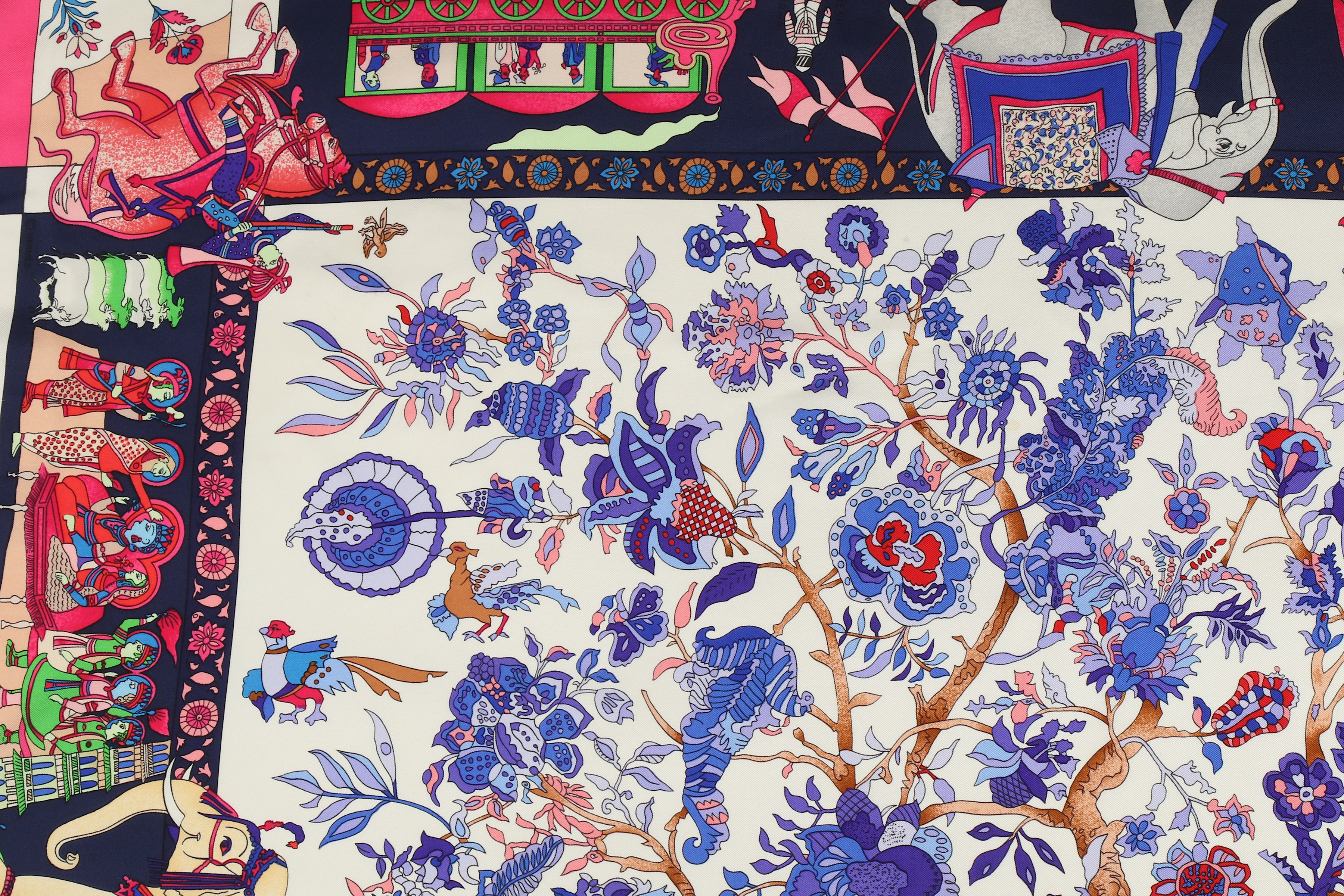 Hermes 'Fantaisies Indiennes' Silk Scarf, designed in 1987 by Loic Dubigeon, indigo border on - Image 2 of 4