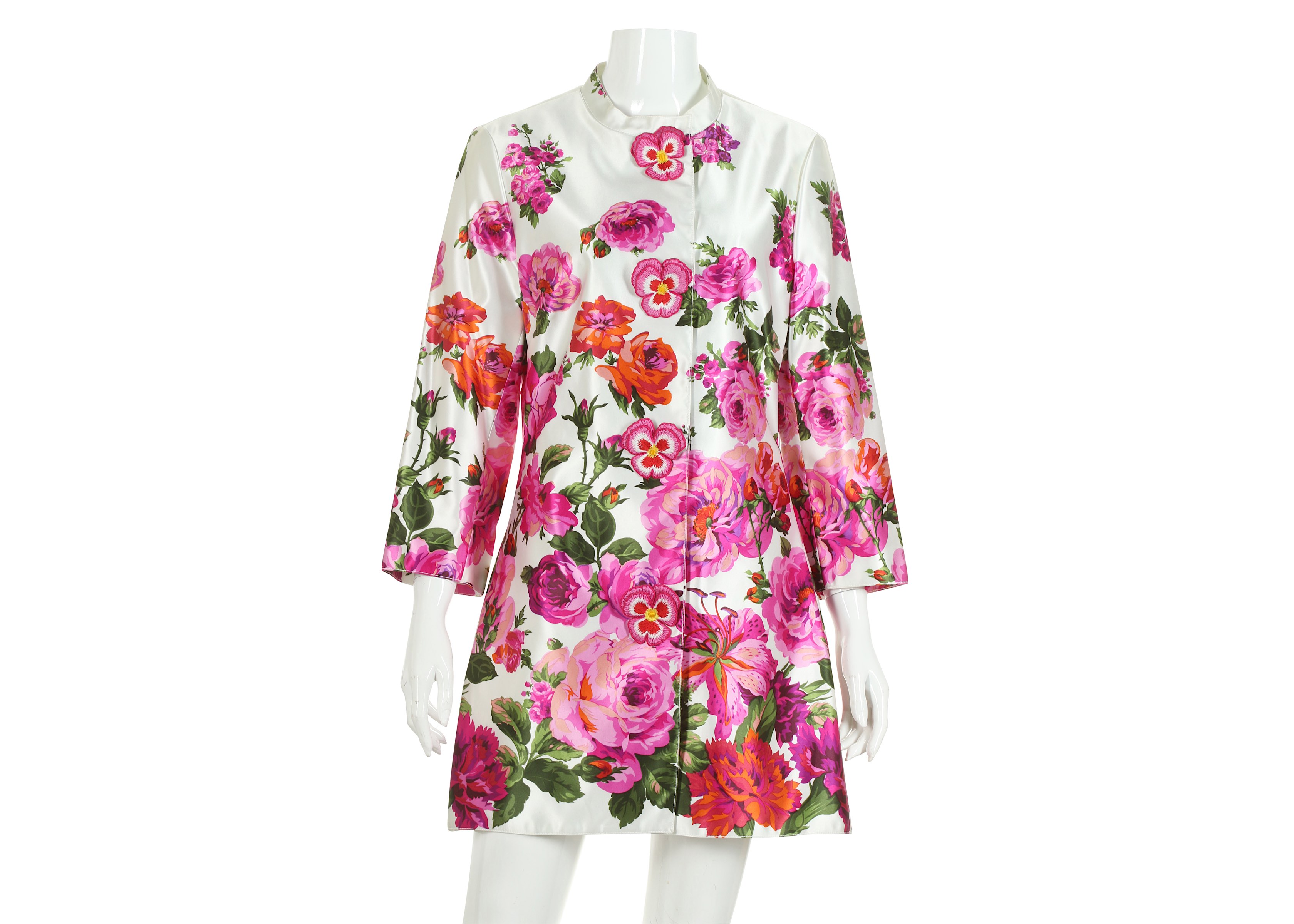 Two Andrew GN Dress Coats, to include a white silk coat printed with pink flower design, labelled S, - Image 2 of 13