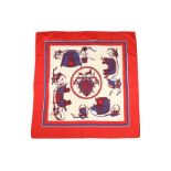 Hermes 'Ex Libris' Silk Scarf, designed in 1946 by Hugo Grygkar, red and blue border, 90cm x 90cm